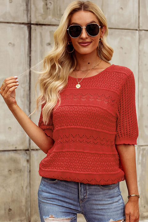 Openwork Round Neck Half Sleeve Knit Top Trendsi