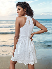 Eyelet Grecian Neck Mini Dress Trendsi