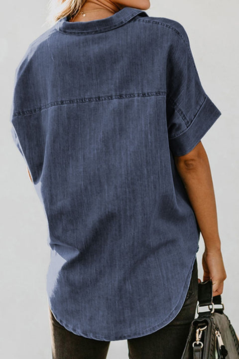 Pocketed Button Up Short Sleeve Denim Shirt