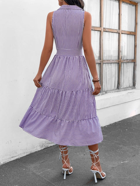 Striped Johnny Collar Sleeveless Midi Dress Trendsi