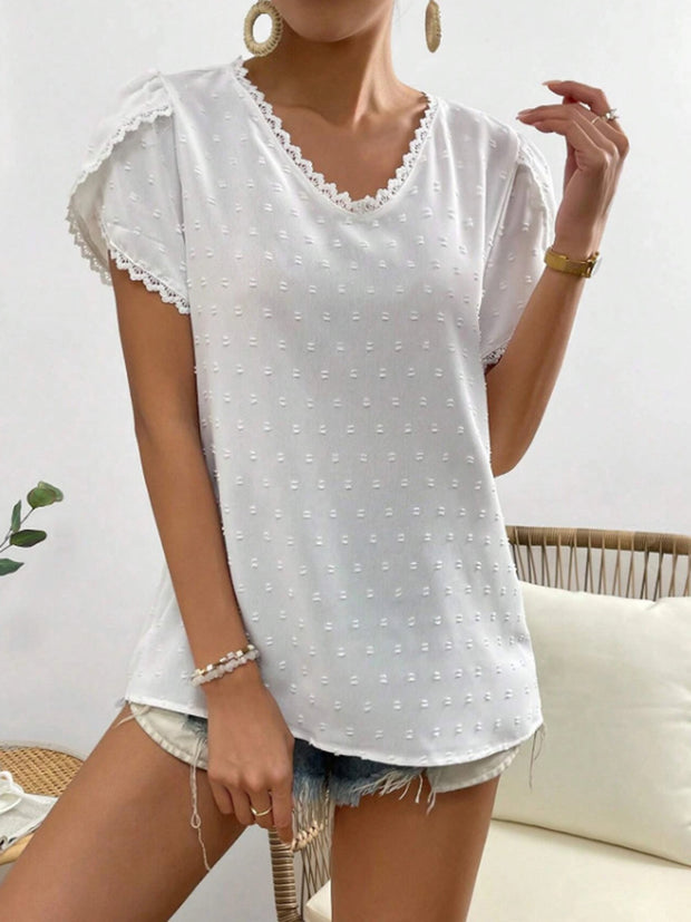 Swiss Dot Lace Detail V-Neck Petal Sleeve Blouse Trendsi