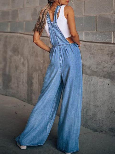 Wide Leg Denim Overalls Trendsi