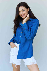 Doublju Blue Jean Baby Denim Button Down Shirt Top in Dark Blue Trendsi