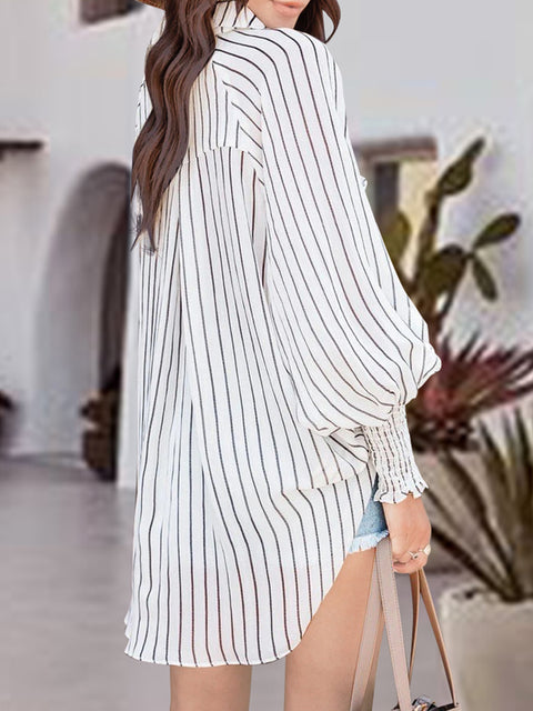 Striped Button Up Lantern Sleeve Shirt