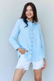 Doublju Blue Jean Baby Denim Button Down Shirt Top in Light Blue Trendsi