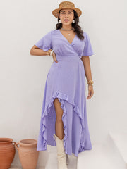 Plus Size Swiss Dot High-Low Surplice Dress Trendsi