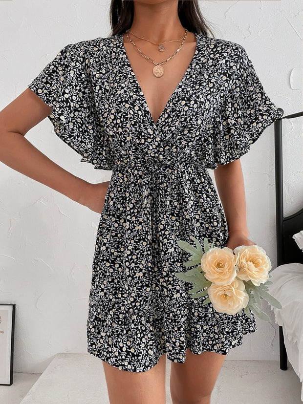 Cutout Ditsy Floral Surplice Flounce Sleeve Dress Trendsi