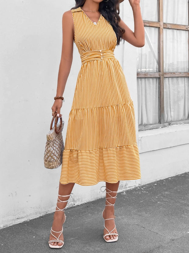 Striped Johnny Collar Sleeveless Midi Dress Trendsi