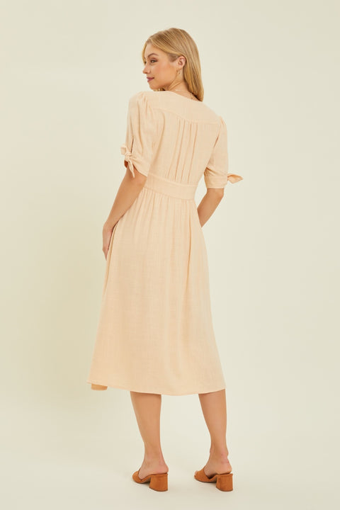 HEYSON Full Size Textured Linen V-Neck Button-Down Midi Dress Trendsi