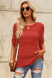 Openwork Round Neck Half Sleeve Knit Top Trendsi