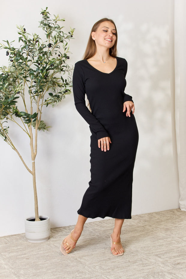 Culture Code Full Size Ribbed Long Sleeve Midi Slit Dress Trendsi