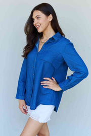 Doublju Blue Jean Baby Denim Button Down Shirt Top in Dark Blue Trendsi