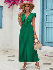 Tied Ruffled V-Neck Pleated Dress Trendsi