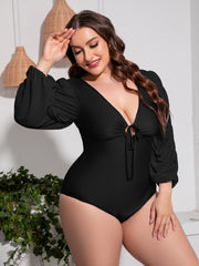 Plus Size Tied Deep V Balloon Sleeve One-Piece Swimsuit Trendsi