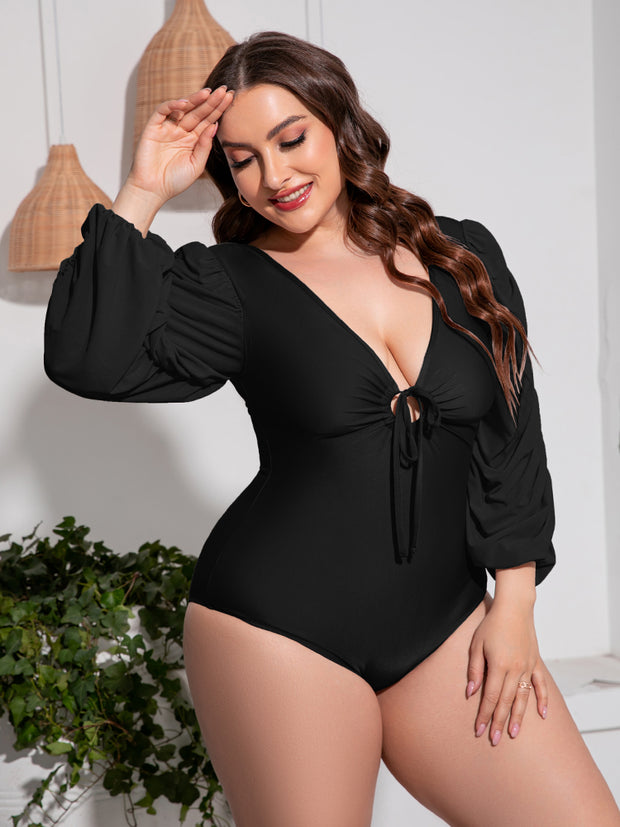 Plus Size Tied Deep V Balloon Sleeve One-Piece Swimsuit Trendsi