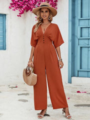 Decorative Button V-Neck Half Sleeve Jumpsuit Trendsi