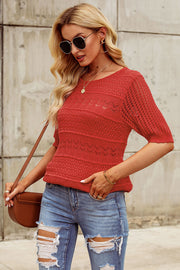 Openwork Round Neck Half Sleeve Knit Top Trendsi