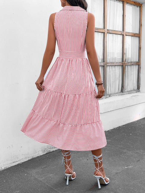 Striped Johnny Collar Sleeveless Midi Dress Trendsi