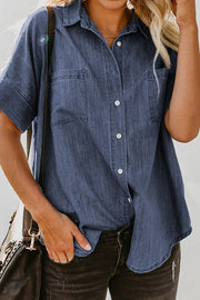 Pocketed Button Up Short Sleeve Denim Shirt Trendsi