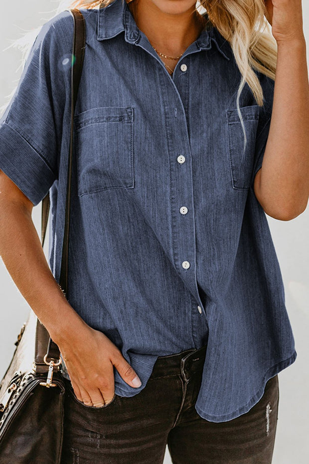 Pocketed Button Up Short Sleeve Denim Shirt Trendsi