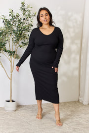 Culture Code Full Size Ribbed Long Sleeve Midi Slit Dress Trendsi