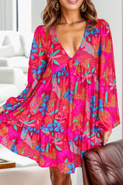 Printed Balloon Sleeve Mini Dress Trendsi