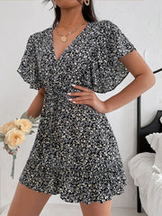 Cutout Ditsy Floral Surplice Flounce Sleeve Dress