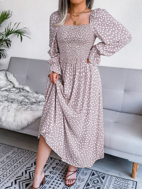 Smocked Square Neck Flounce Sleeve Dress Trendsi