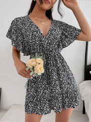 Cutout Ditsy Floral Surplice Flounce Sleeve Dress Trendsi