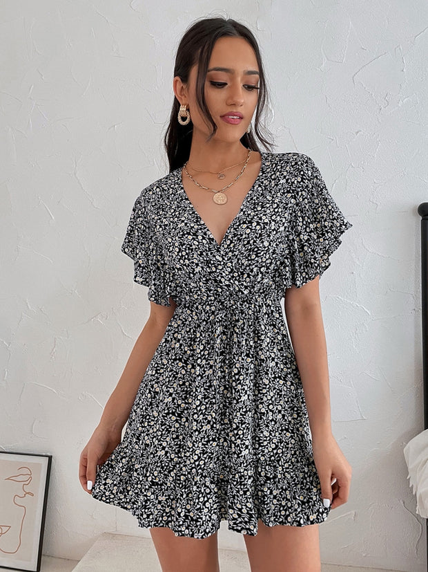 Cutout Ditsy Floral Surplice Flounce Sleeve Dress Trendsi