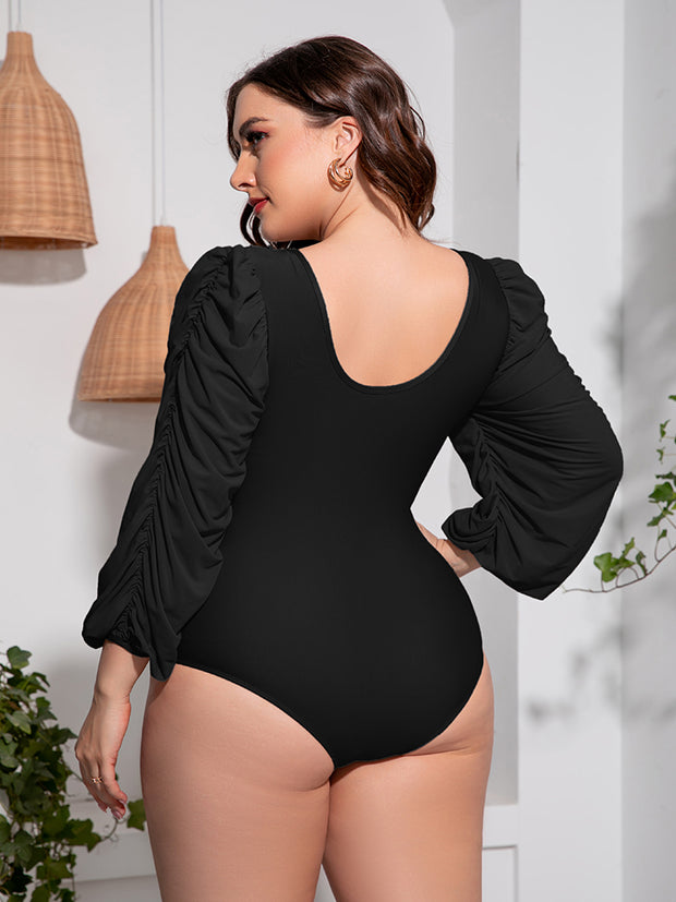 Plus Size Tied Deep V Balloon Sleeve One-Piece Swimsuit Trendsi